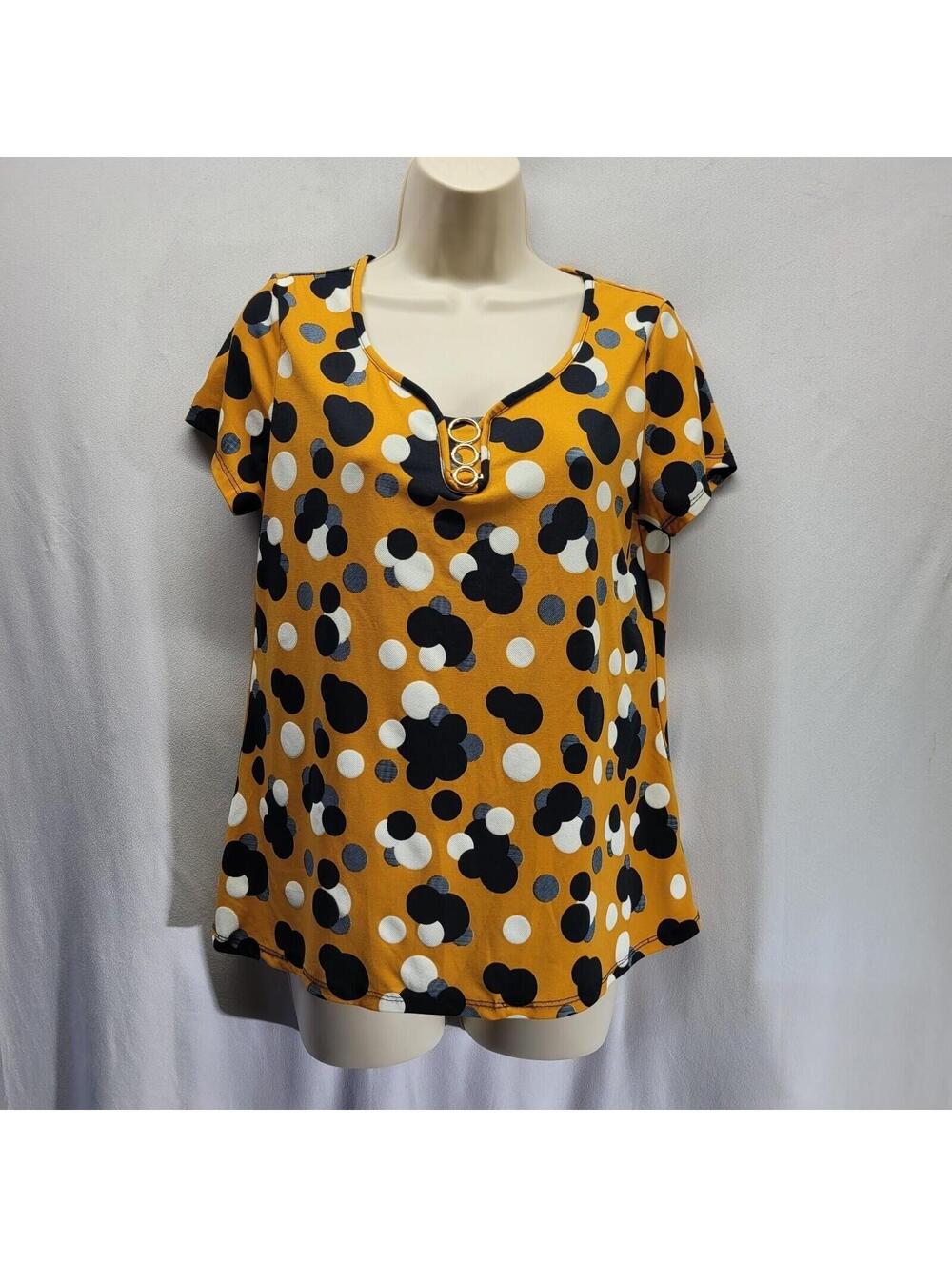 80 Park Women's Orange W/ Black & White Polka Dot V-Neck Lightweight Top Size M